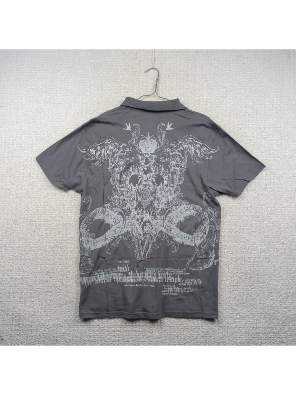 Y2K Skull Wings Graphic Polo T-shirt Gray Men 2XL Goth Grunge Affliction Style